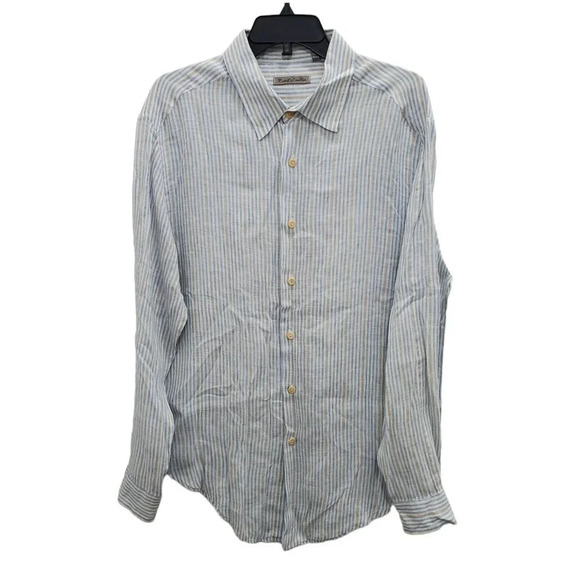 Robert Comstock Men's Luxury Blue White Stripe 100% Linen Button‎ Dress Shirt L - Picture 1 of 5
